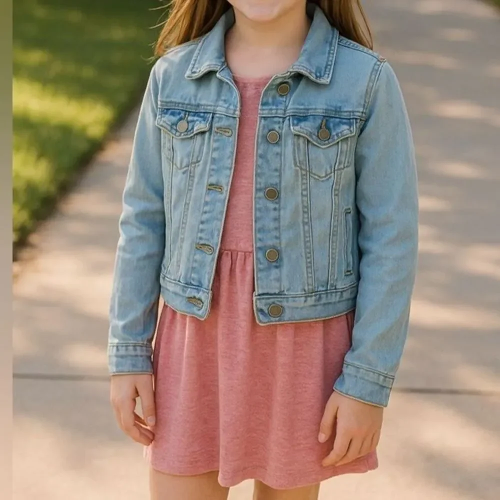 SO Girls Size 10 Light Wash Denim Jean Jacket Button Front Classic Distressed